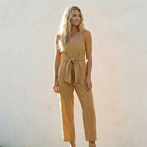 Grade & Gathre Ochre Tan Linen Blend Tie Jumpsuit size LARGE / NWT